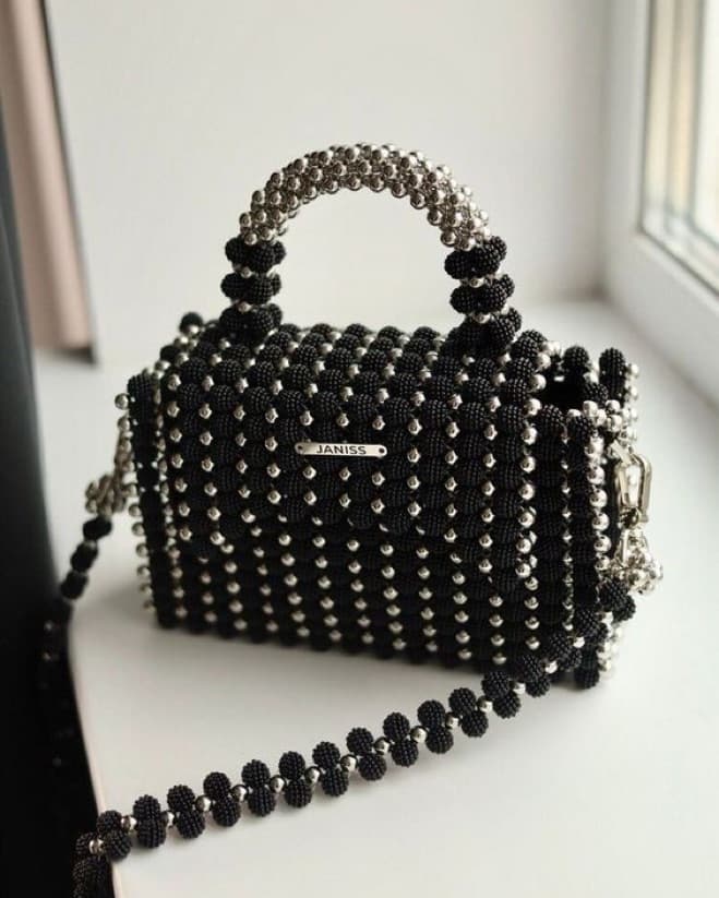 Exquisite Black and SilverBeaded Handbag - Image 1