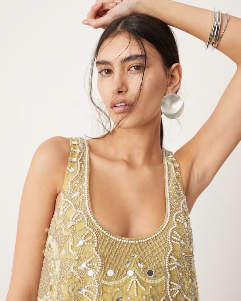 EmbellishedFeather Green Mini Dress - Image 4