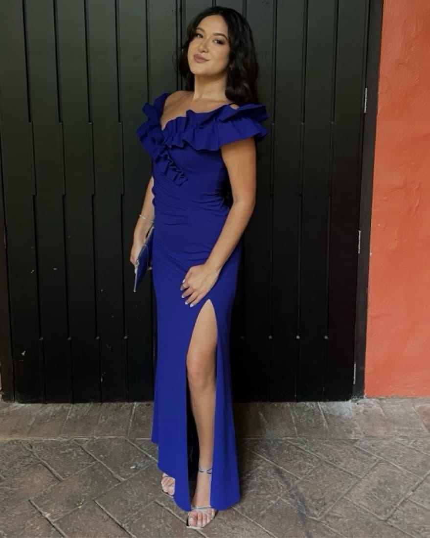 Blue Off The Shoulder Ruffle Gown - Image 1