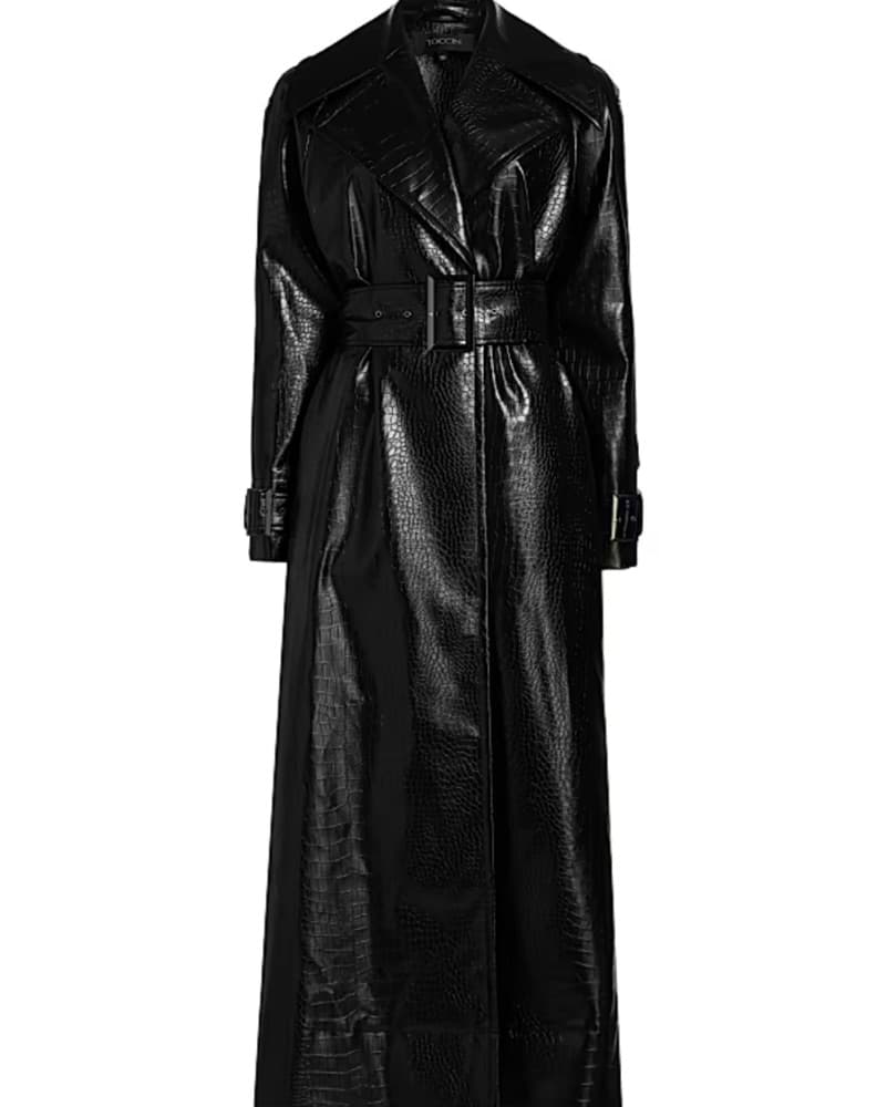 Black Croc-Embossed Leather Trench Coat - Image 1