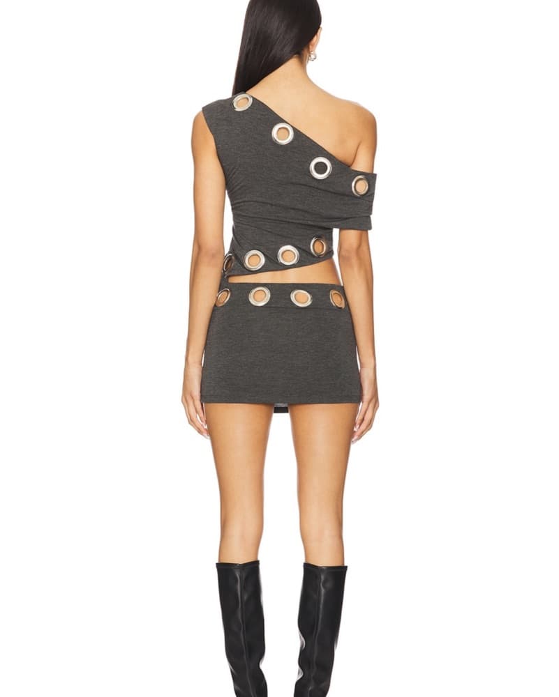 Edgy One-Shoulder Grey Dress with Gold Accents - Image 2