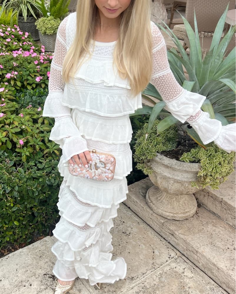 White Ruffle Tiered Long Sleeve Dress - Image 3