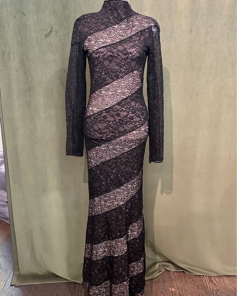 High Neck Lace Long Sleeve Maxi Dress - Image 1