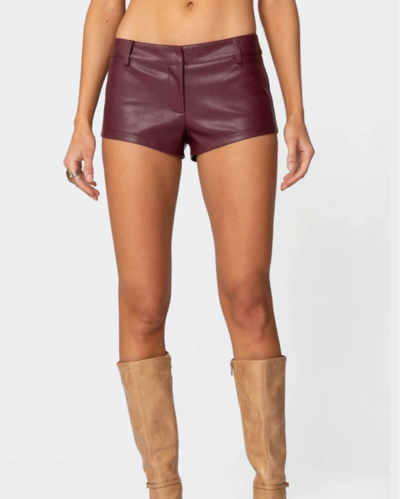 Burgundy / Maroon Micro Leather Shorts - Image 1