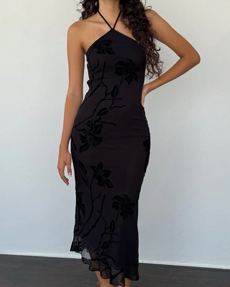 Elegant Black Floral Halter Maxi Dress - Image 1