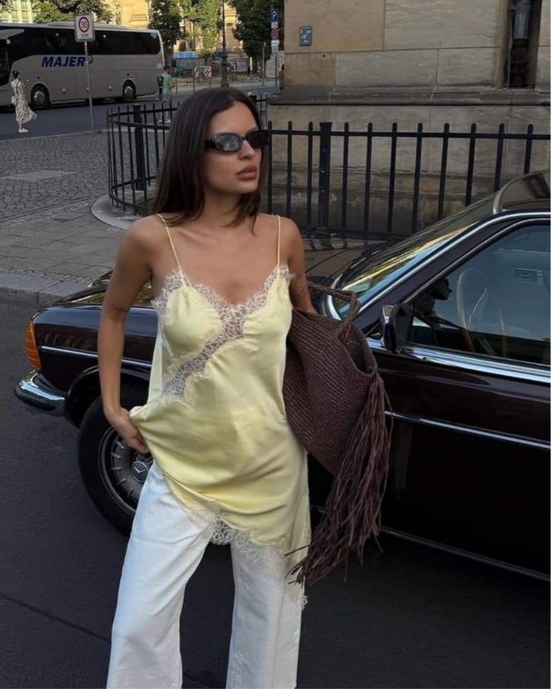 Zara Yellow Satin Lace Asymmetrical Top - Image 1
