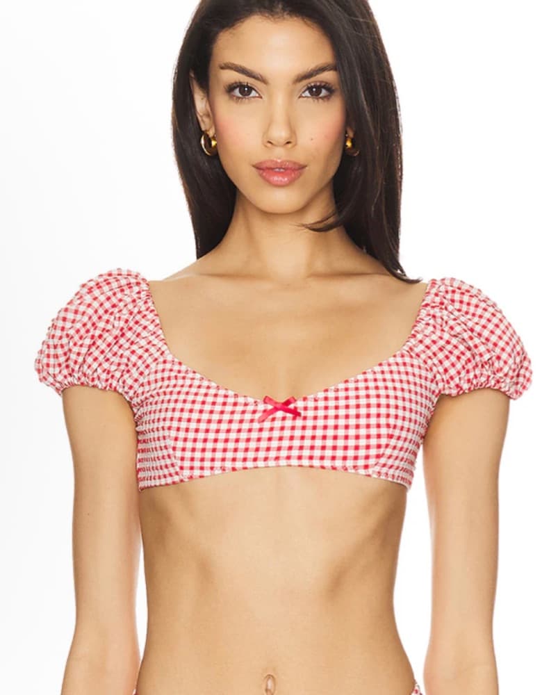 Red Gingham Puff Sleeve Bathing Suit Top - Image 3
