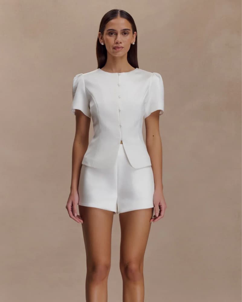 Elegant White Puff Sleeve Two Piece  - Image 1