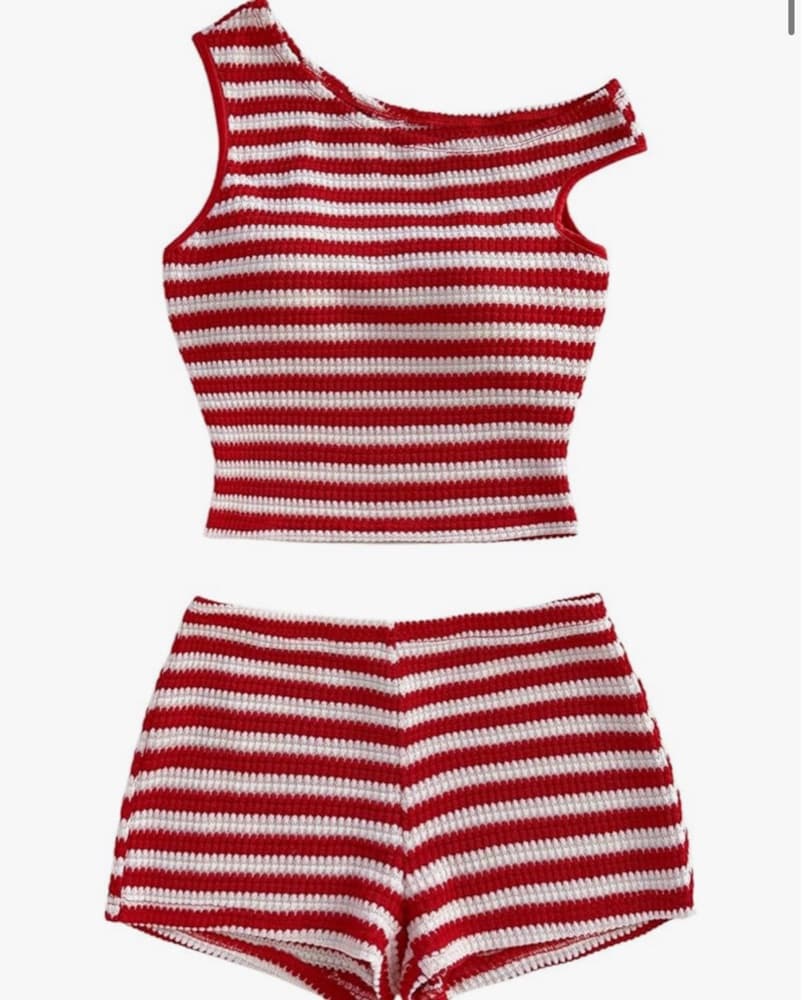 Striped Crochet Crop Top and Shorts Set - Image 1