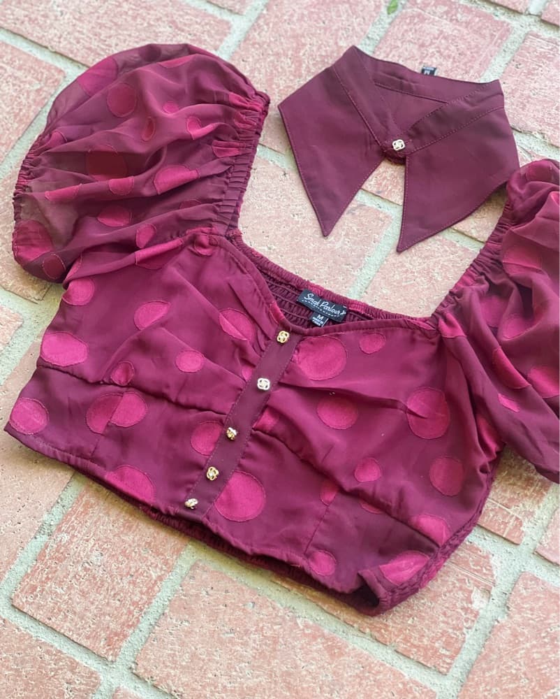 Burgundy Polka Dot Puff Sleeve Top  - Image 3