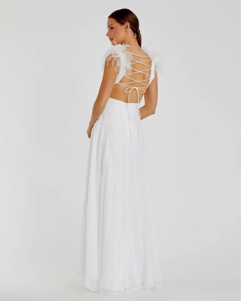 White Plunge Ostrich Feather A Line Gown - Image 2
