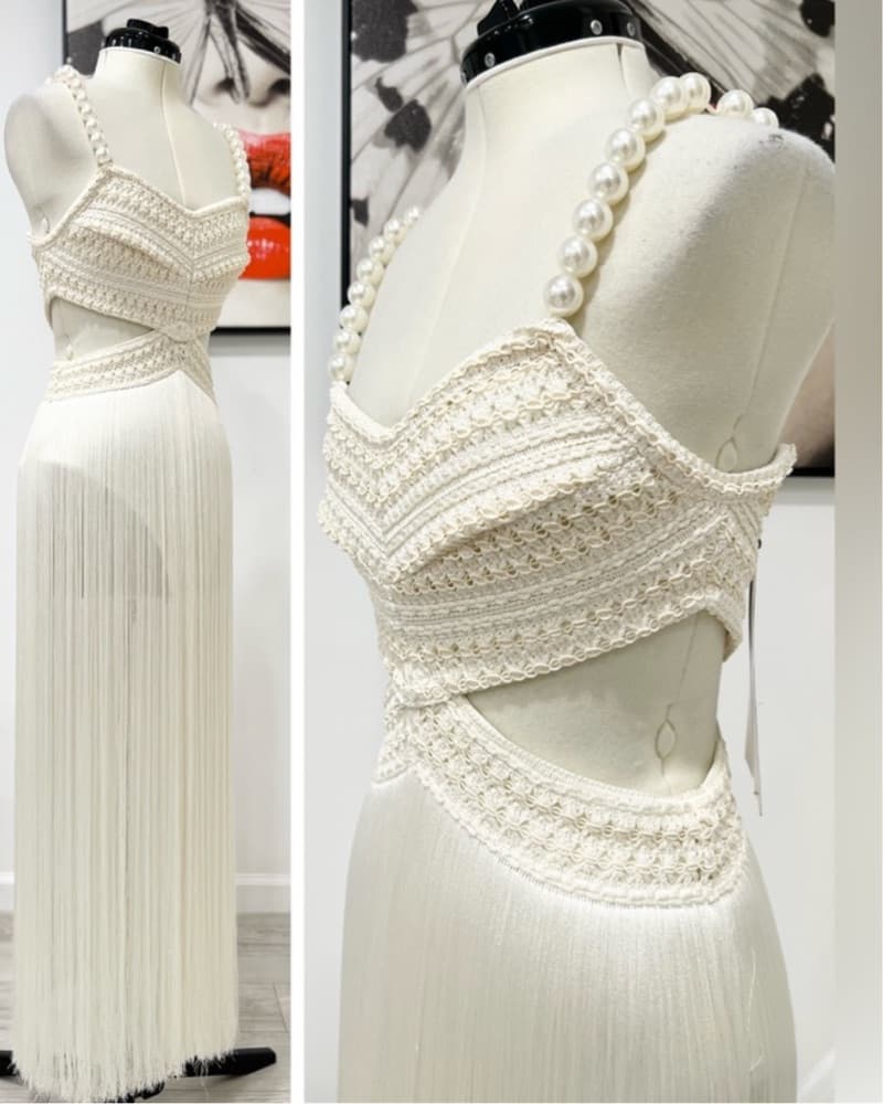 Patbo White Fringe Pearl Strap Dress XXS - Image 6
