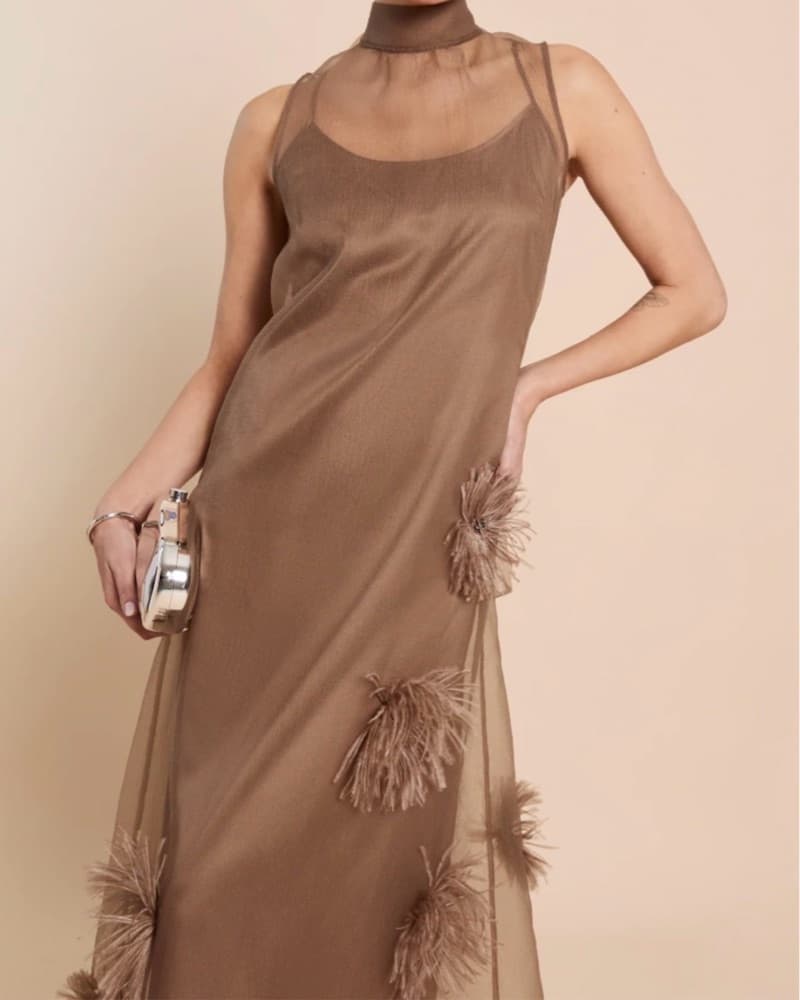 Elegant Feathered Taupe Dress - Image 4