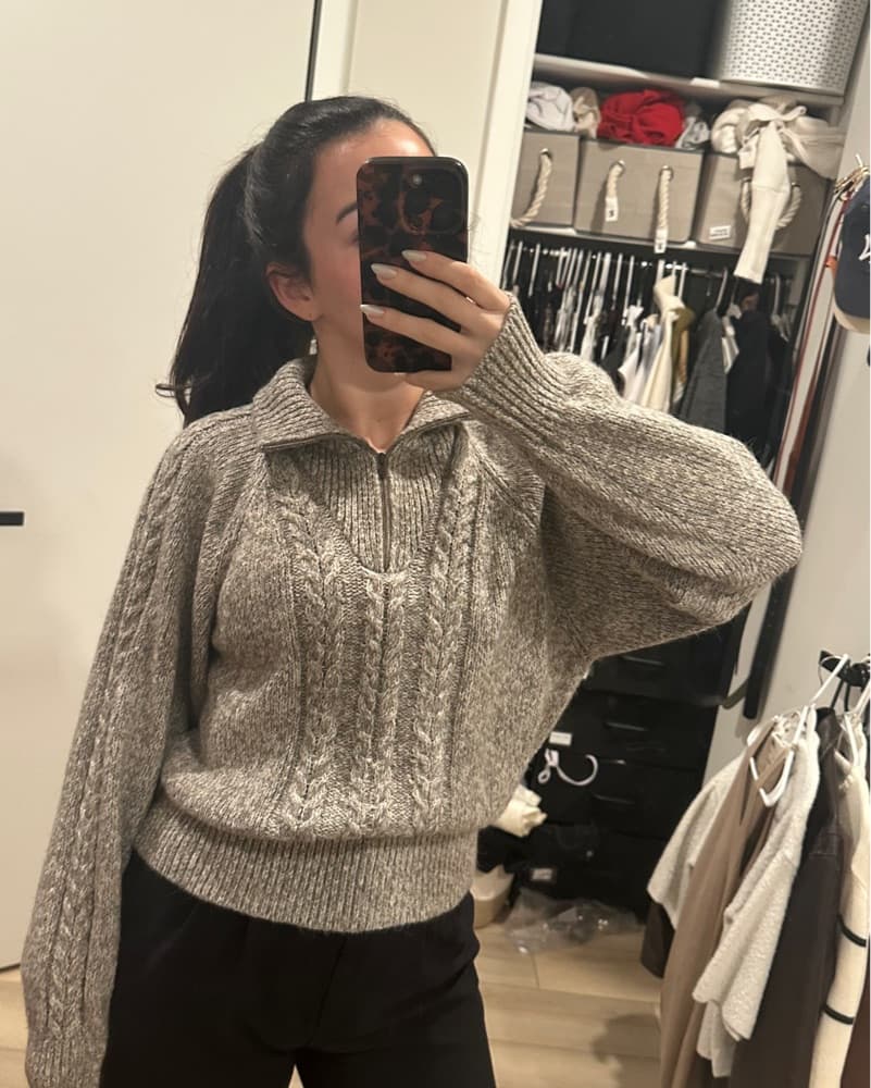 Light Gray 3/4 Zip Cable Knit Sweater - Image 2