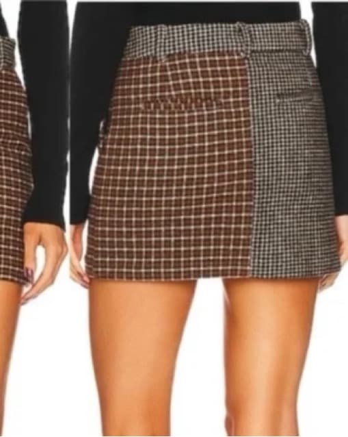 Brown Mixed Plaid Tweed Mini Skirt - Image 2