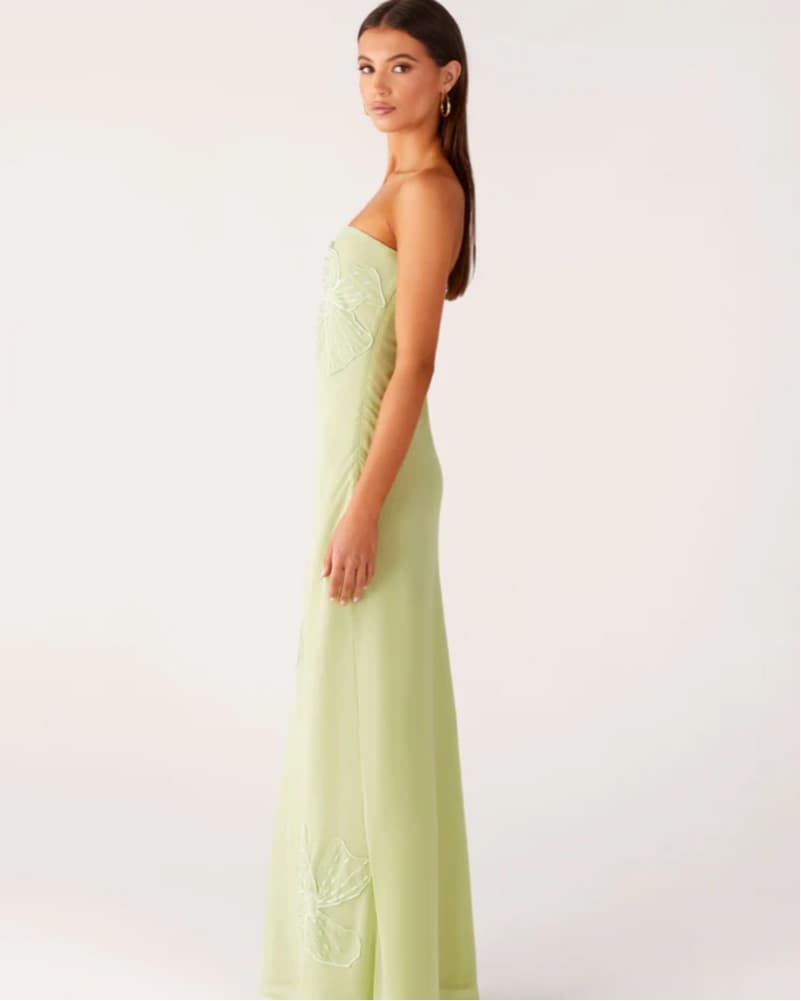 Beaded Flower Strapless Maxi Dress Lime - Image 3