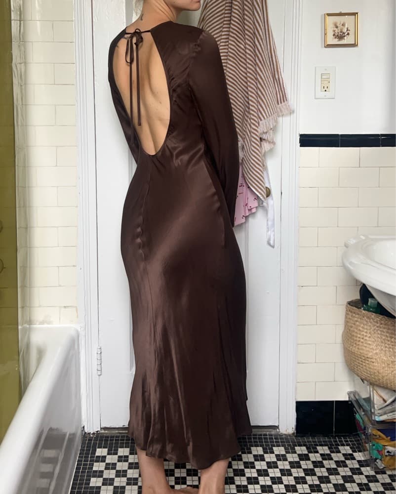 Open Back Chocolate Brown Midi Dress - Image 2