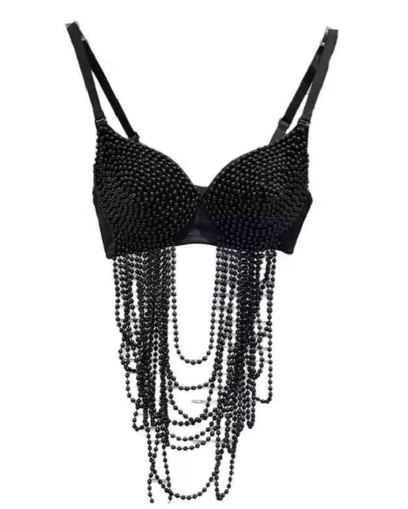 Revolve Black Beaded Fringe Bra Top - Image 2