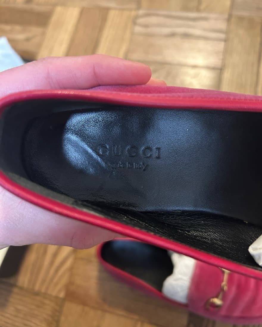 Pink/Red Velvet Gucci Loafers Size 38 - Image 3