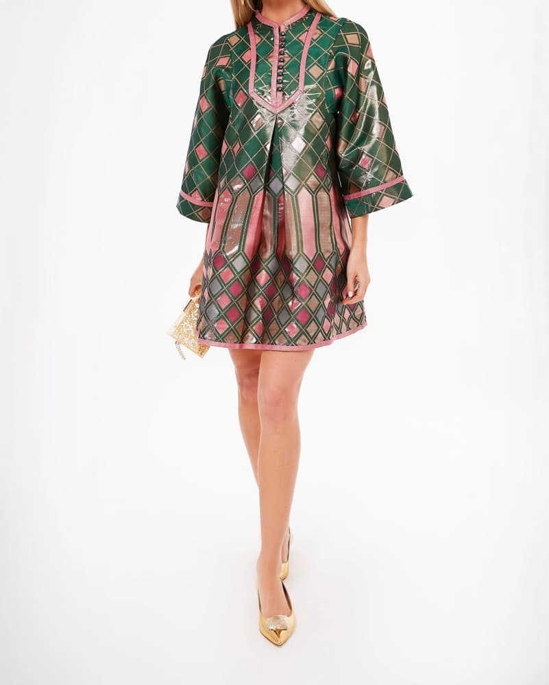 Metallic Geometric Print Kimono Dress - Image 1