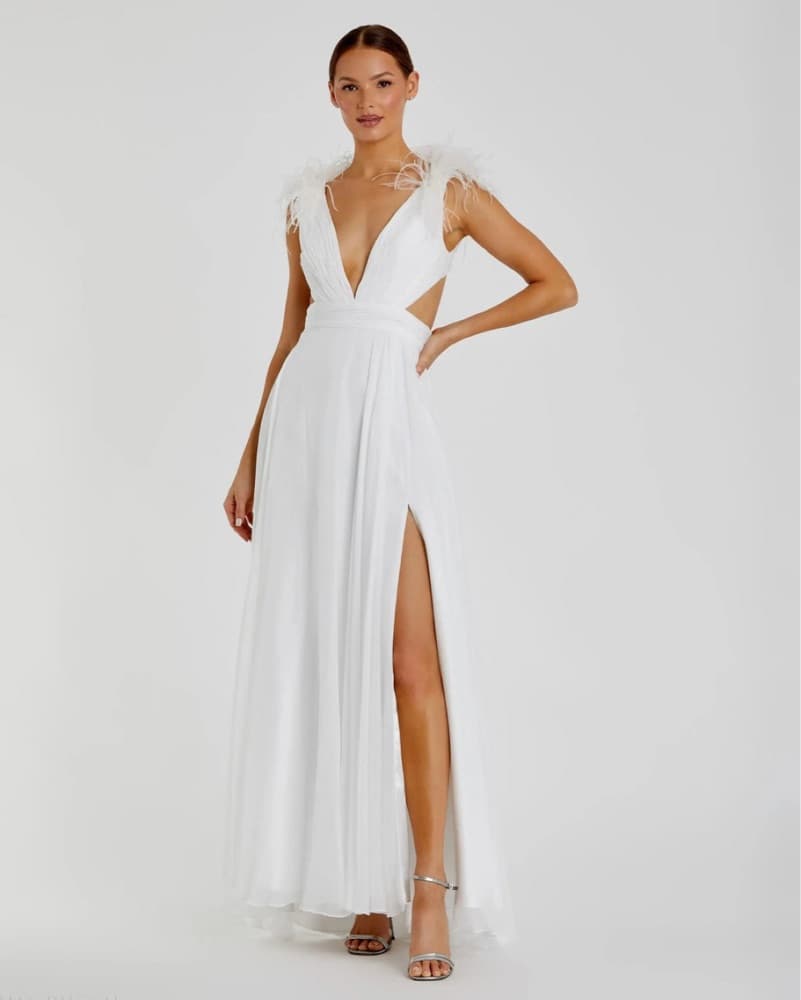 White Plunge Ostrich Feather A Line Gown - Image 1