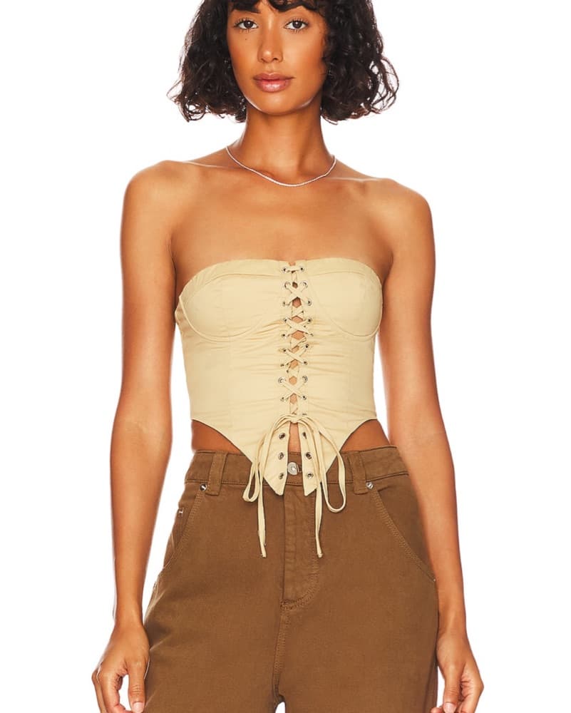 Ashlyn Lace Up Strapless Top In Beige - Image 1