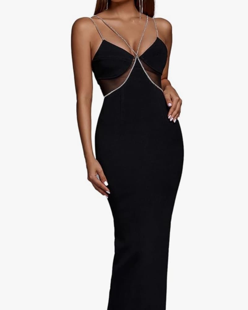 Black Midi Dress with Rhinestone Straps  - Image 1