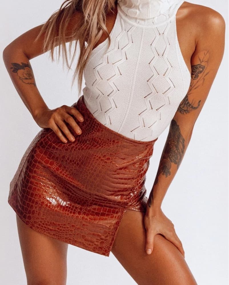 Cognac Crocodile Embossed Mini Skirt - Image 3