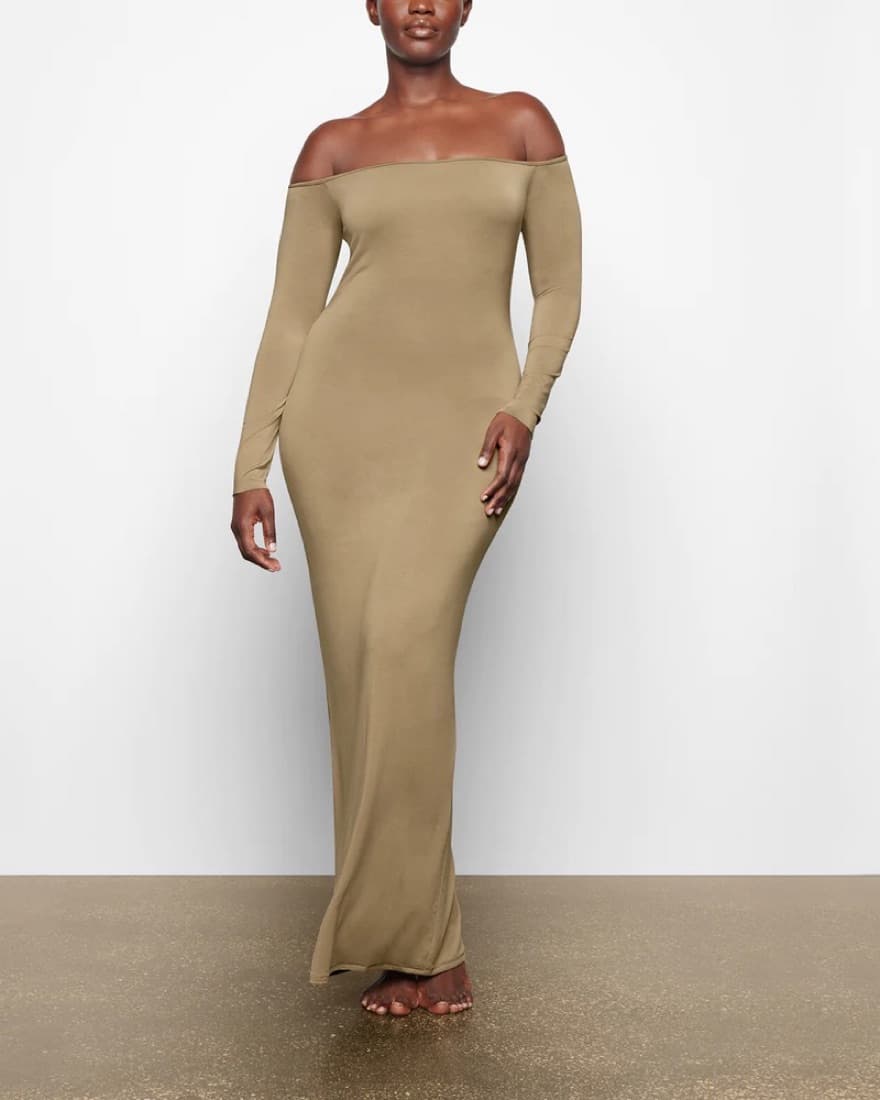 Skims Off The Shoulder Dress Khaki - Image 2