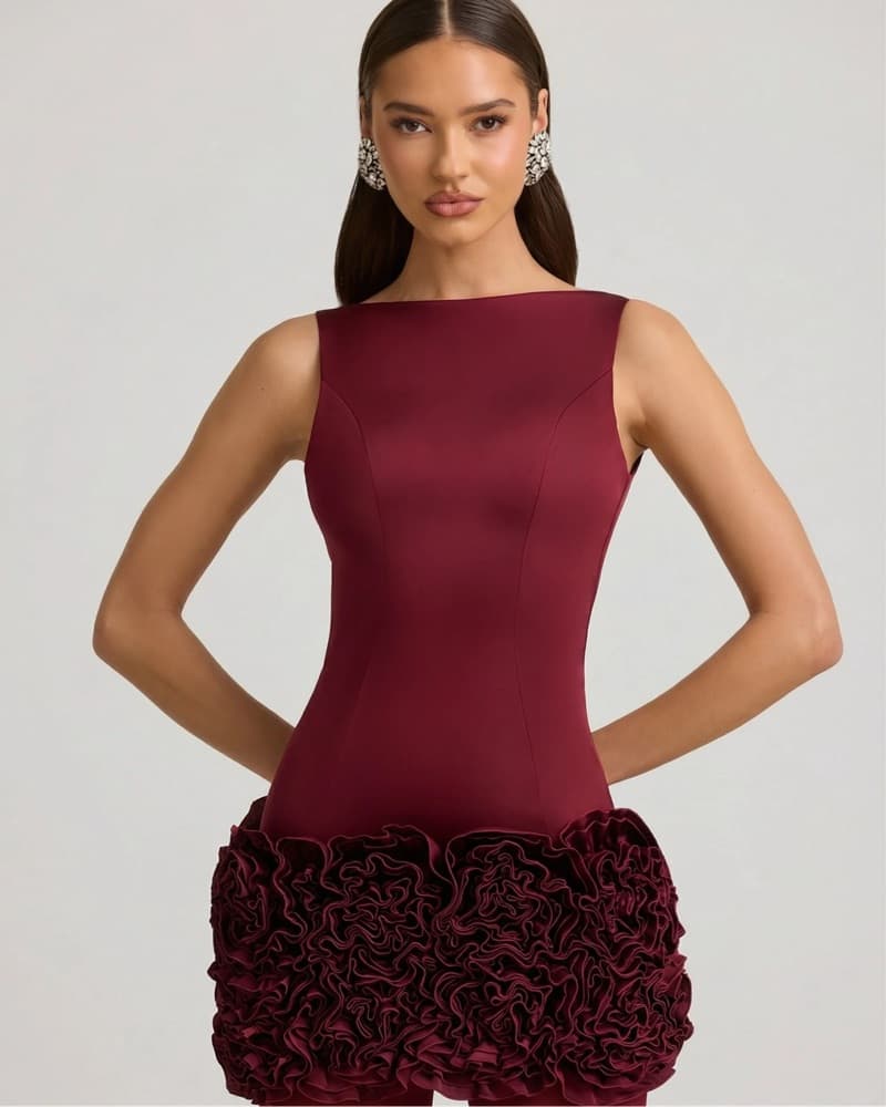 Wine Red Satin Floral Mini Dress - Image 6
