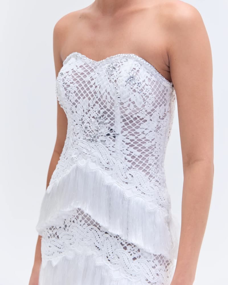 Patbo Beaded White Lace Fringe Gown XS - Image 2