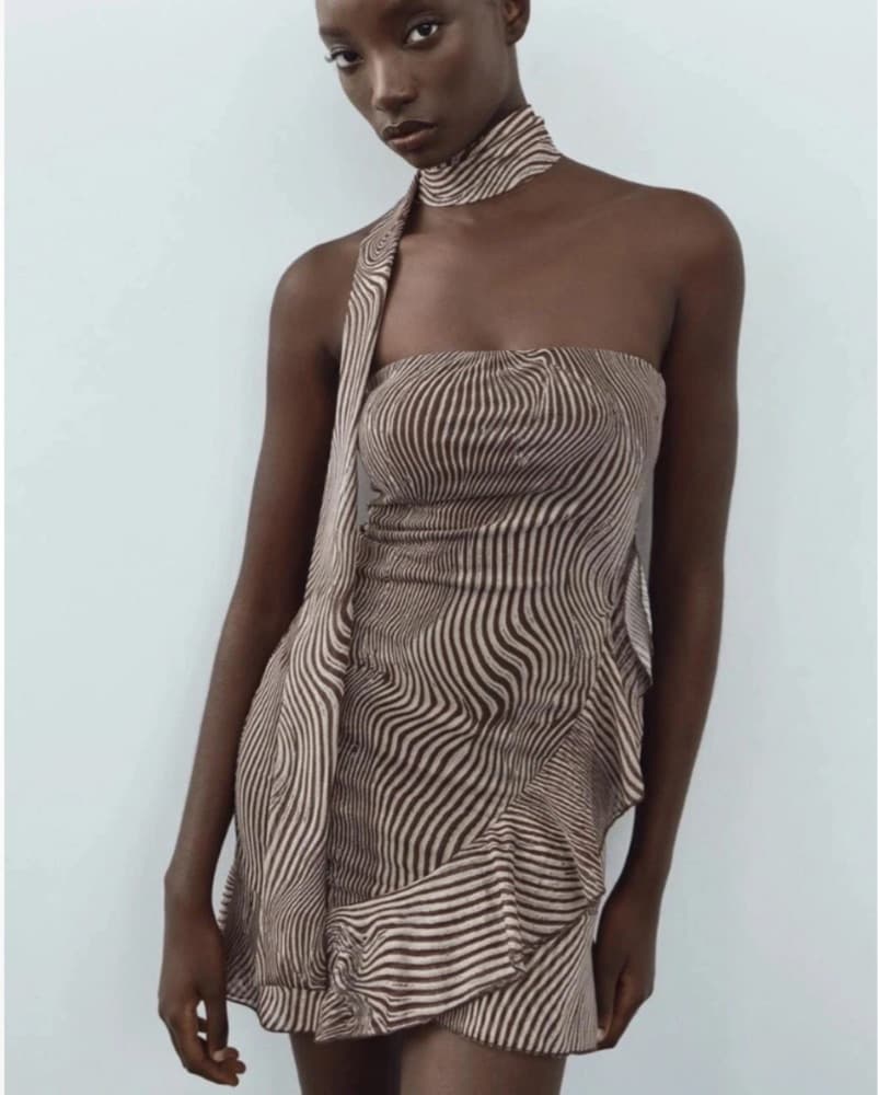 Zebra Mini Dress With Necktie - Image 1