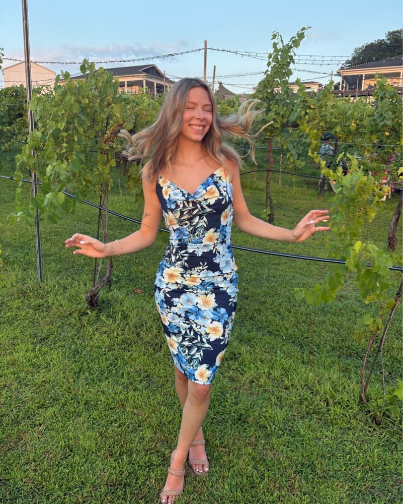 Blue And Yellow Floral Cowl Neck Dress - Image 1