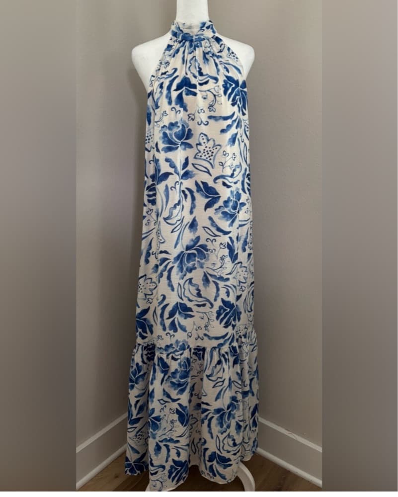 Halter Blue Floral Maxi Dress - Image 1