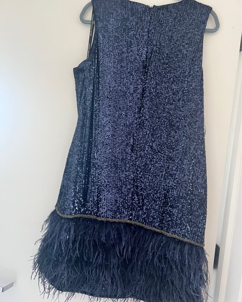 Navy Sequin dress with Feather Trim - Image 6