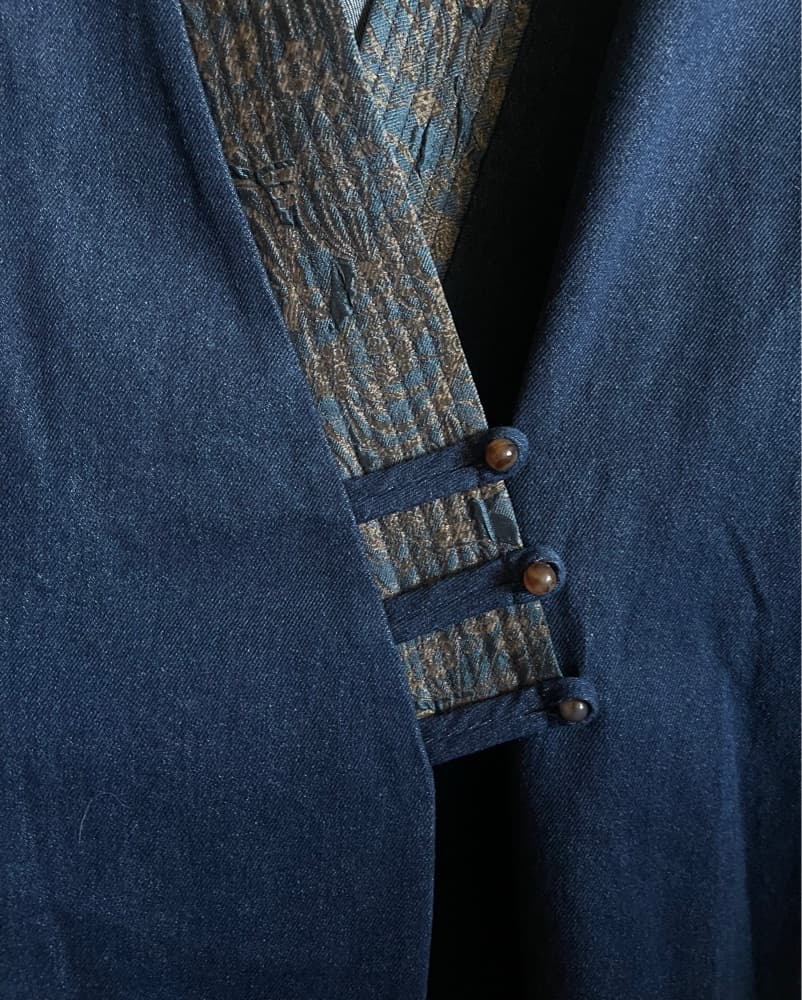 Denim Kimono-Style Jacket Brocade Trim - Image 3