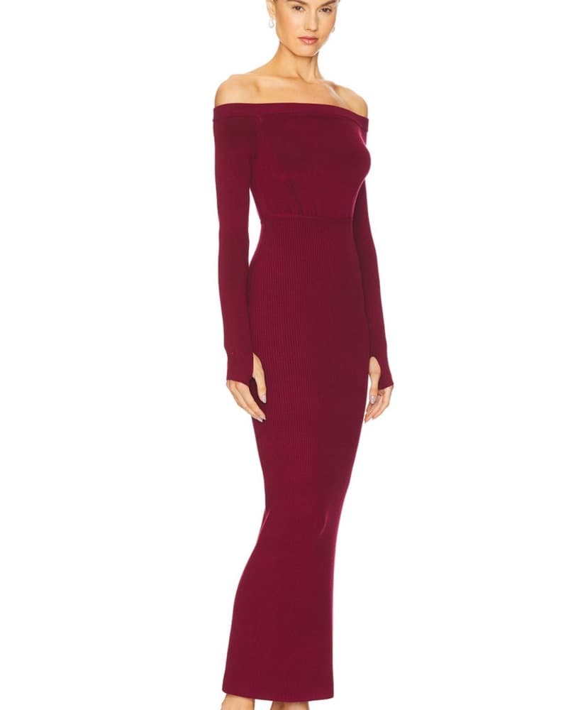 Red Sweater Dress Off The Shoulder Revol - Image 2