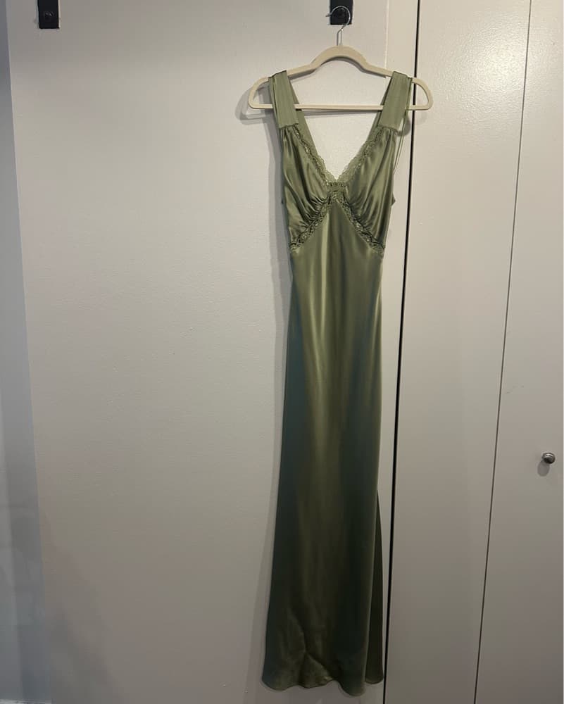 Chania Olive Green Silk Maxi Dress - Image 4