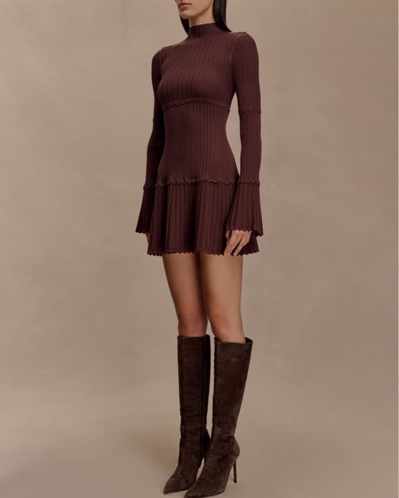 Brown Ribbed Flare Dress - Image 3