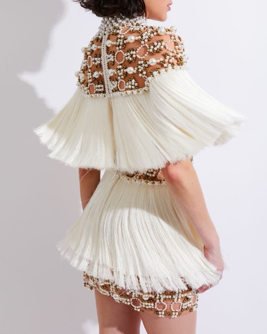PatBo Hand-Beaded Pearl + Fringe Mini  - Image 3