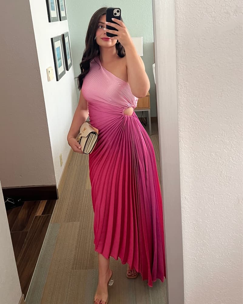 One Shoulder Pink Pleated Dress - Image 3
