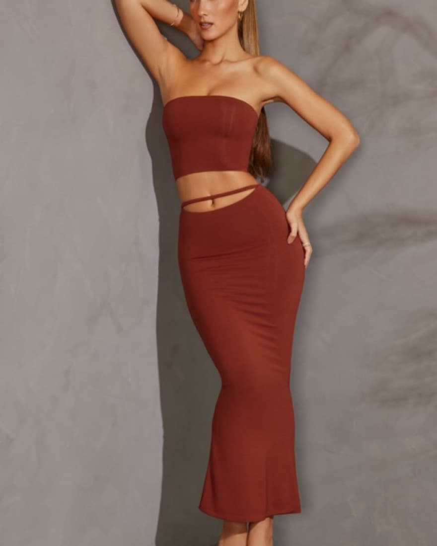 Oh Polly Cut Out Maxi Skirt in Brick - Image 1