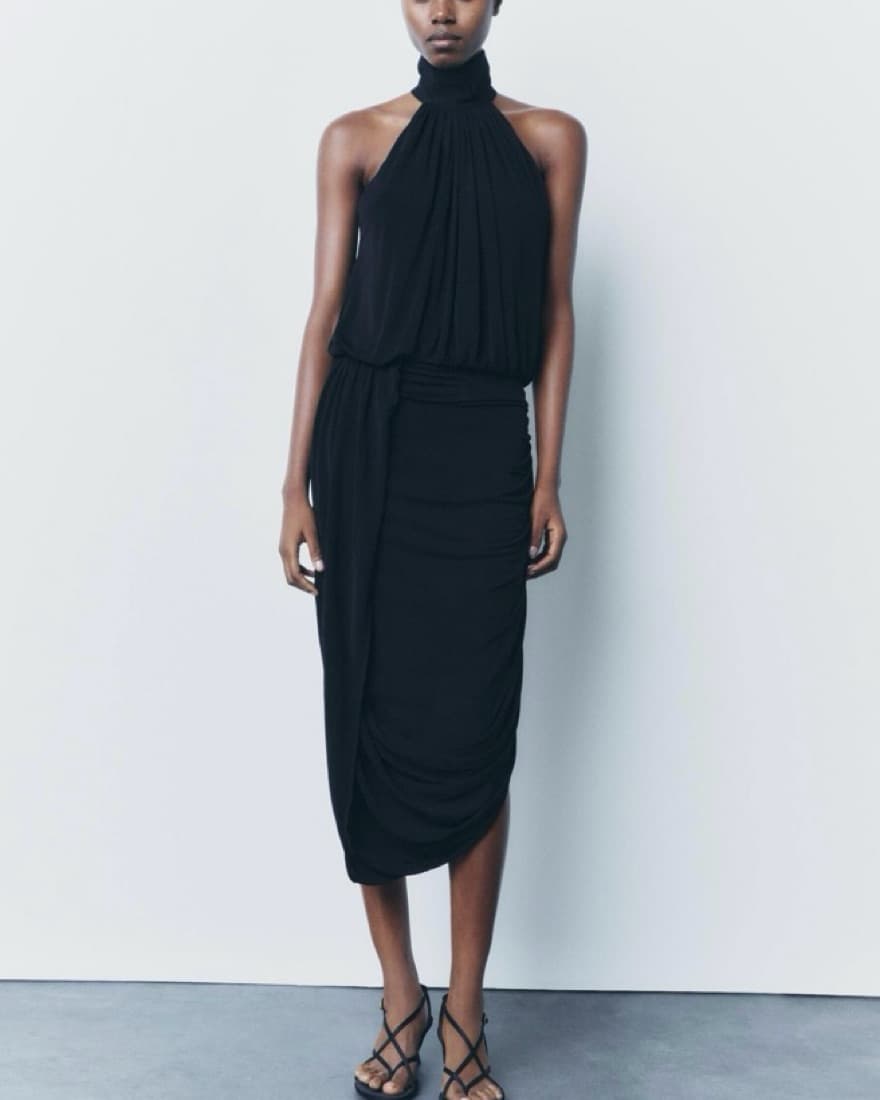 Sleek Black Halter Midi Dress - Image 1