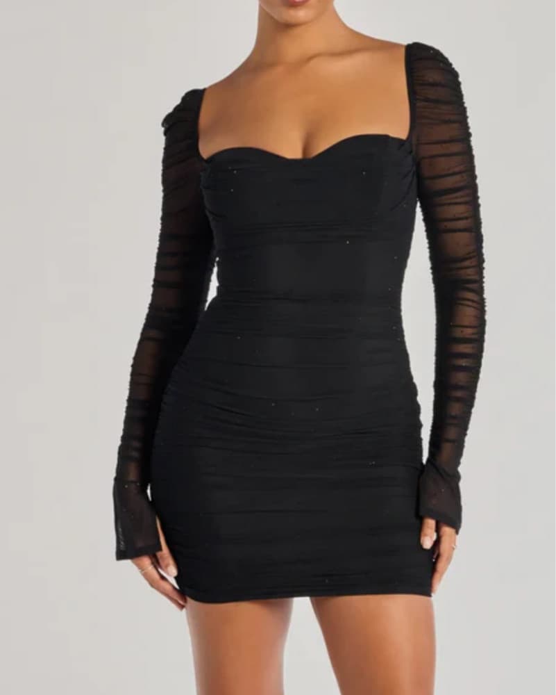 Black Ruched Long Sleeve Mini Dress - Image 2