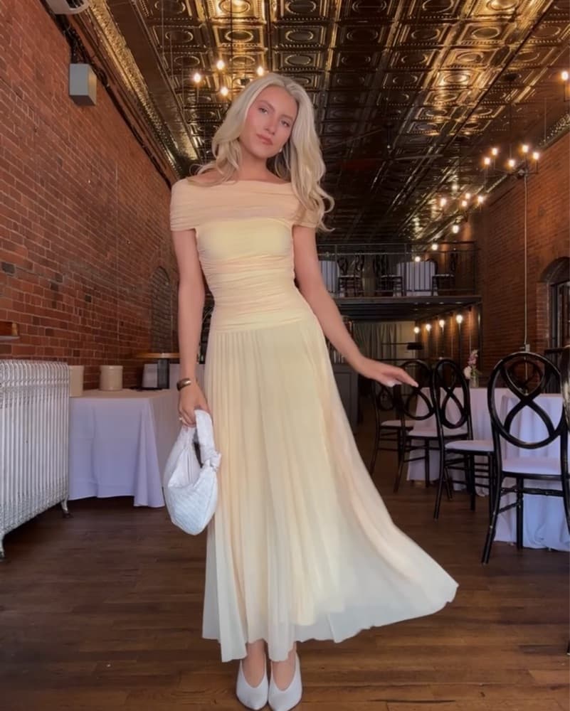 Elegant Off-the-Shoulder Yellow Midi Dress - Image 1