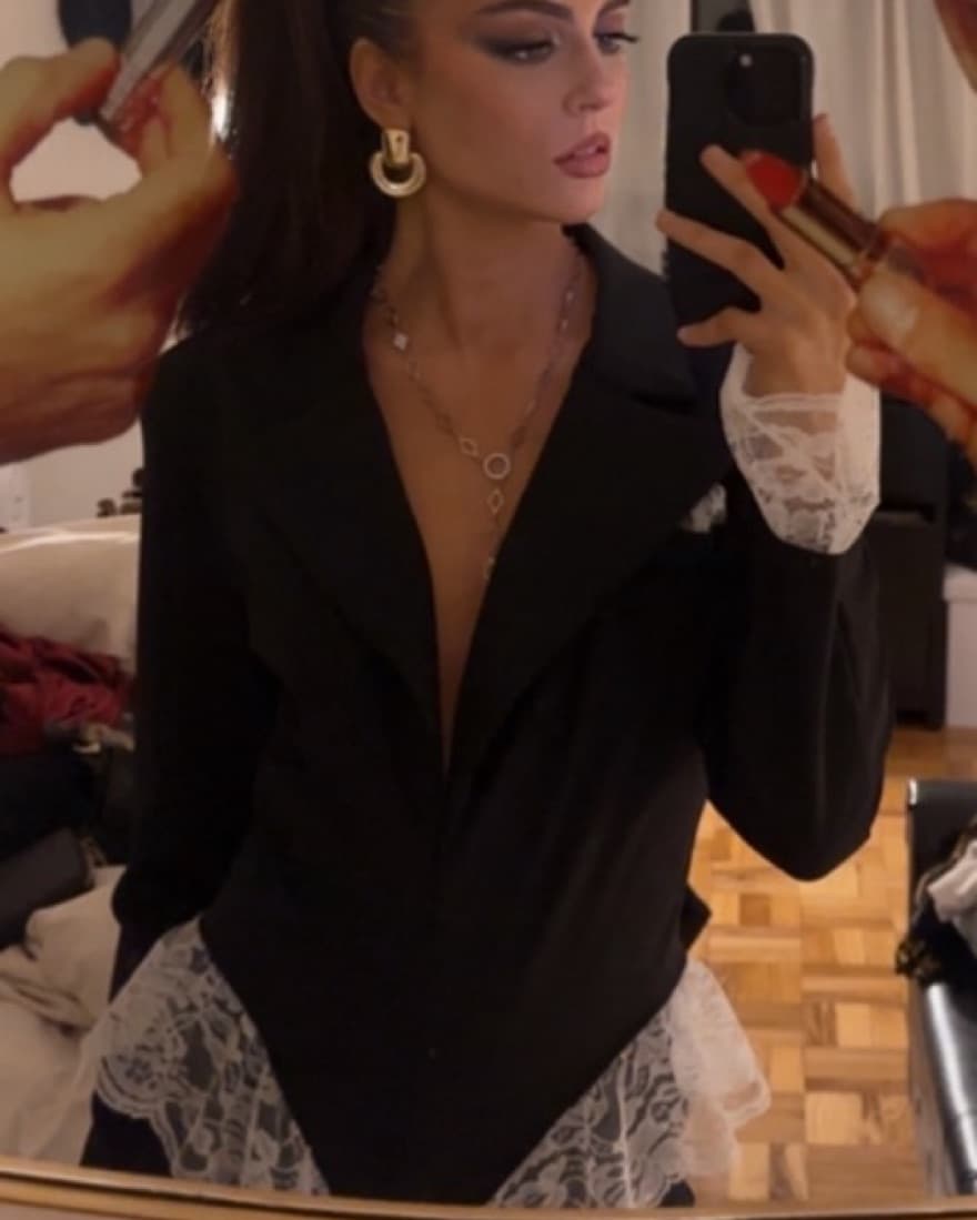 Shoulder Pad Bodysuit w/ Lace Detailing - Image 1