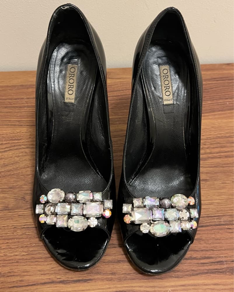 Black Patent Peeptoe Crustal Pumps - Image 3