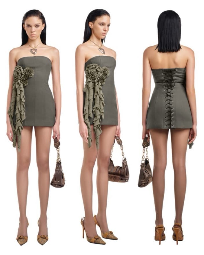 Olive Green Ruched Mini Dress - Image 4