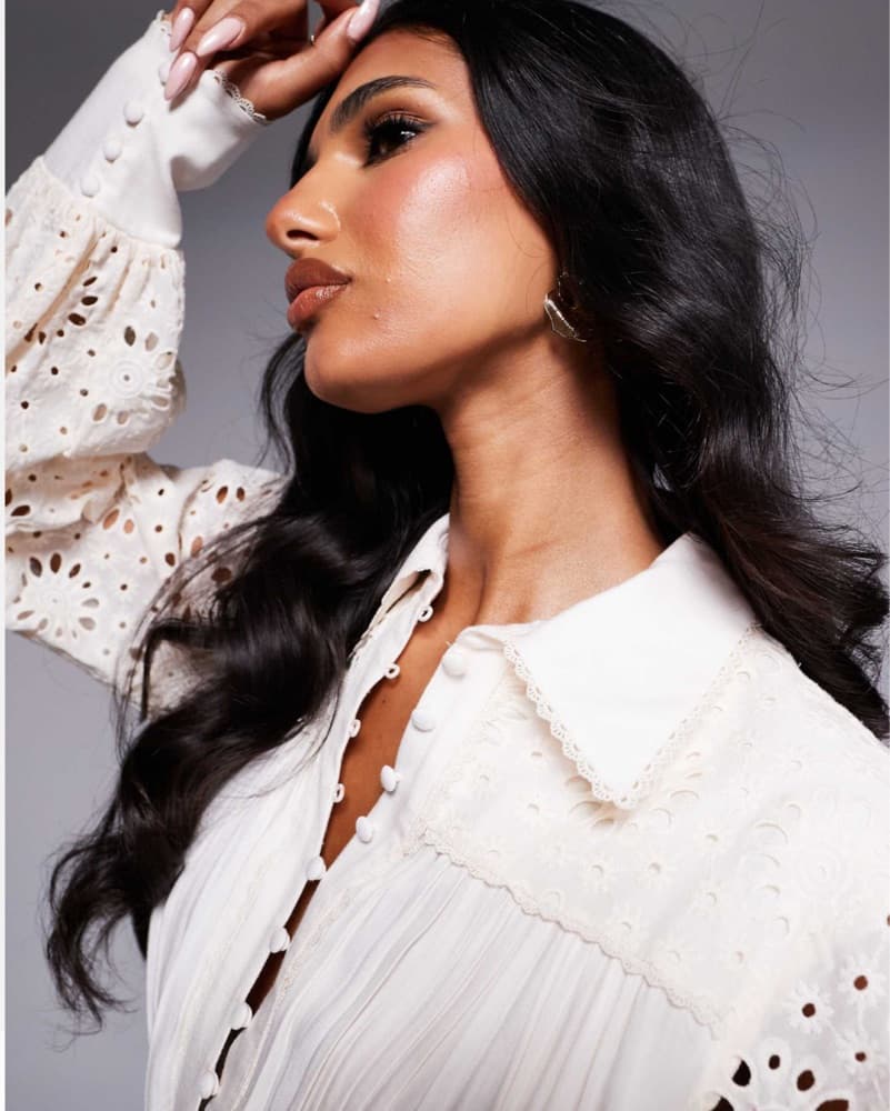 Eyelet Peplum Mini Shirt Dress In Cream - Image 2