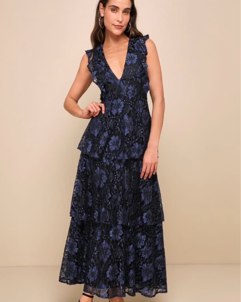 Elegant Floral Lace Tiered Maxi Dress - Image 1